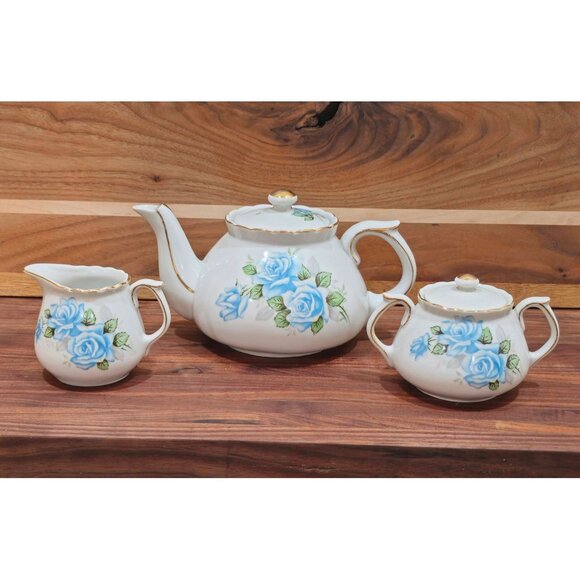 Vintage Blue Rose Shafford China Porcelain Tea Set - Teapot Sugar Bowl & Creamer - Picture 1 of 11